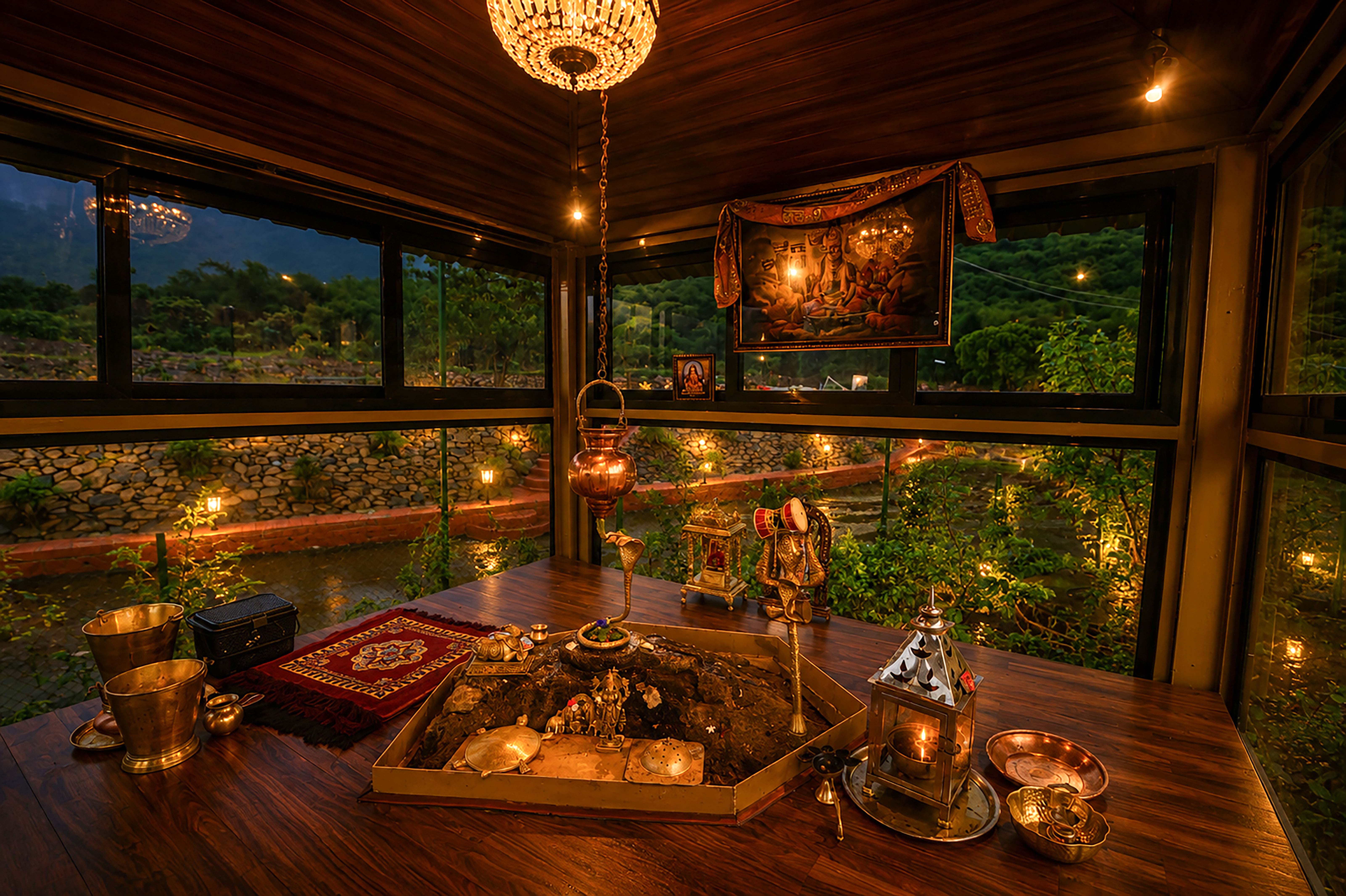Veranda seating area with chandelier