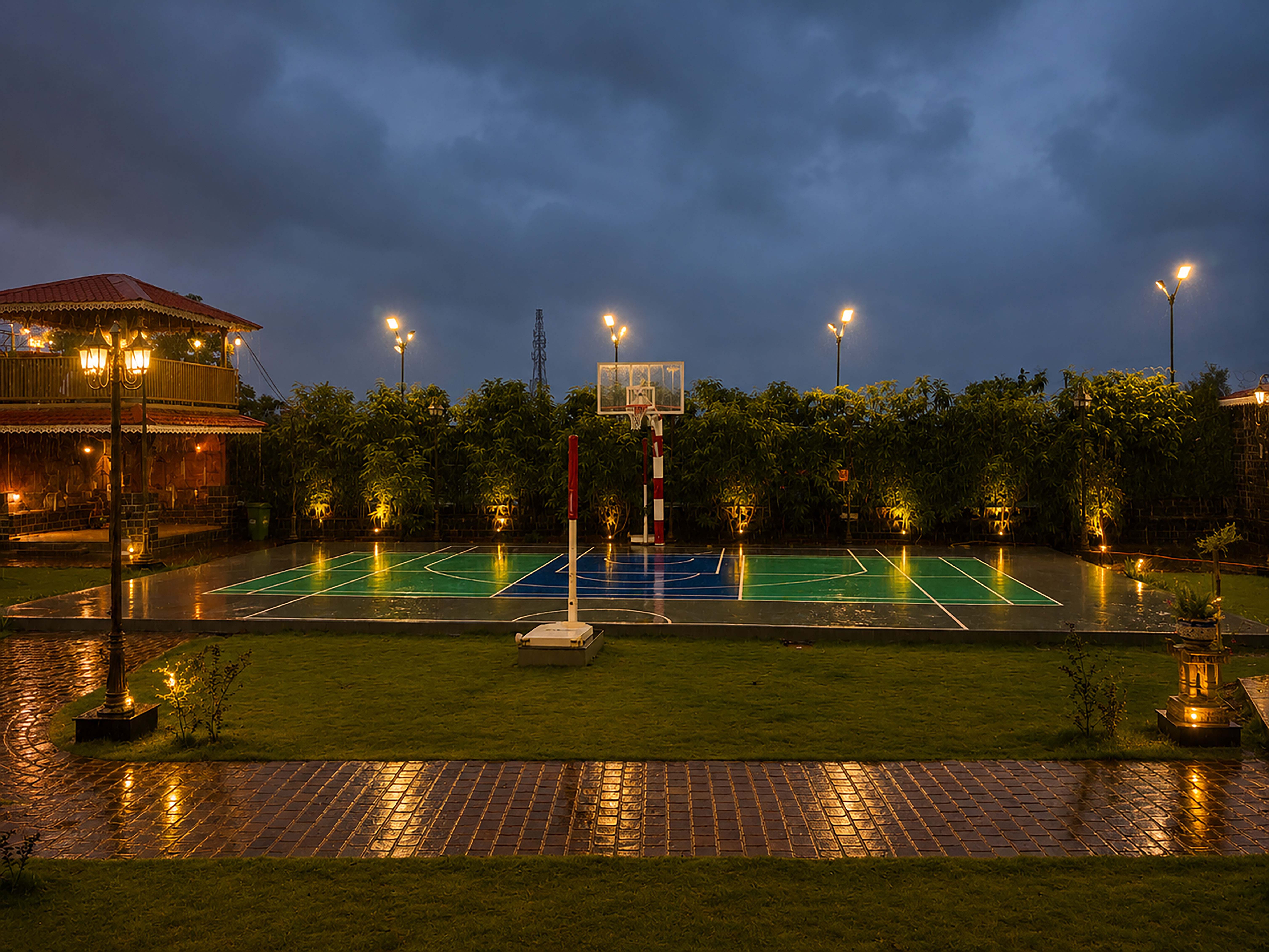 Estate and pool lit up at dusk